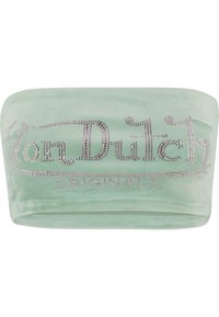 Gaišazeleni velour traka za glavu s srebrnim cirkonima; sadrži tekst "Von Dutch ORIGINALS" u modernom fontu na prednjoj strani.
