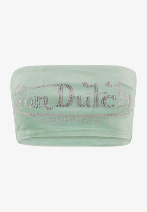 Piparmētru zaļa velūra galvassega ar sudraba rhinestones; priekšā ir stilīgas fonta burti "Von Dutch ORIGINALS".