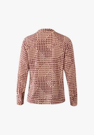 Langarmshirt met een rood en beige geometrisch patroon, voorzien van een kraag en knoopsluiting bij de manchetten, gemaakt van een textuurstof.