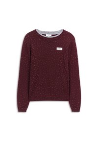 Pull bourgogne avec un motif tacheté, col rond, manches longues et col gris. Présente une étiquette blanche avec le texte "FLAWLESS".