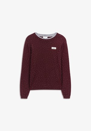 Burgundy sweater with a speckled pattern, round neck, long sleeves, and gray collar. Features a white label with "FLAWLESS" text.
