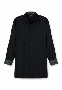 Schwarzes Langarmshirt mit Knopfleiste, kontrastierenden gemusterten Manschetten und Kragenfutter, aus glattem, leichtem Stoff gefertigt.