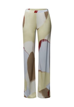 Pantalones de pierna ancha en tejido ligero que presentan una mezcla de suaves colores pastel, con formas abstractas en tonos beige, marrón y acentos rojos. Cintura elástica.