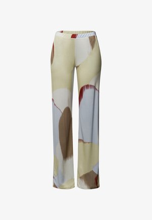 Weite Hosen aus leichtem Stoff mit einer Mischung aus sanften Pastellfarben, abstrahierten Formen in Beige, Braun und roten Akzenten. Mit elastischem Bund.