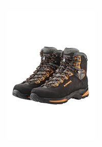 Scarpe da trekking nere con accenti arancioni. Le caratteristiche includono un sistema di allacciatura, colletto imbottito e suola in gomma testurizzata per una migliore aderenza.
