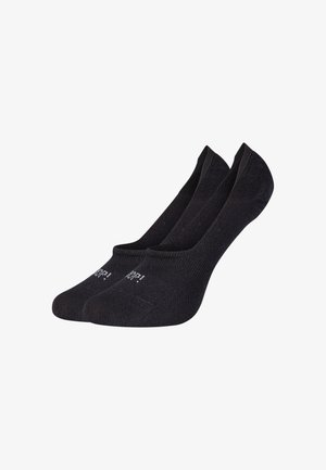 Paar schwarze, niedrig geschnittene, unsichtbare Socken mit dezentem weißem Logotext im Zehenbereich, entworfen für minimale Fußbedeckung.