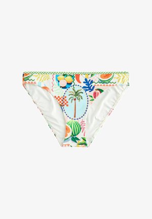 Costume da bagno con fondo in tessuto elastico, caratterizzato da un vivace motivo di frutta e palme su uno sfondo bianco con rifiniture verdi.