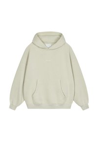 Hoodie oversize beige chiaro, realizzato in tessuto morbido, con tasca frontale e cappuccio con cordino, con la scritta "OH APRIL" stampata al centro.