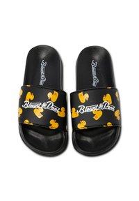 Black slide sandals featuring a rubber upper with a pattern of yellow rubber ducks and white text reading "Blount & Pool." Textured sole.