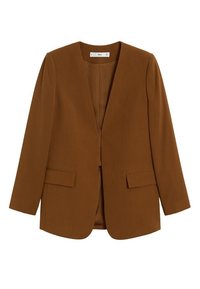 Veste marron tissée à la coupe ajustée, avec des revers en encoche, des manches longues et deux poches avant. Texture lisse, sans boutons ni détails de fermeture.