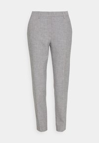 Grijze, op maat gemaakte broek van een gestructureerde stof. Slim fit met een middelhoge taille en subtiele plooien aan de voorkant; geen zichtbare zakken of versieringen.