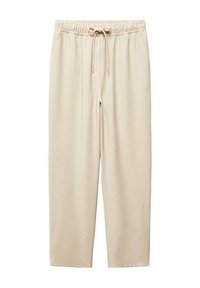 Pantalon beige à taille élastique avec cordon, coupe droite, sans poches visibles, présenté sur fond blanc.