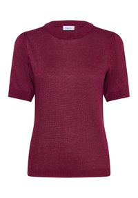 Maroon knitted short-sleeve sweater with a round neck and ribbed edges, featuring a textured finish and slight sheen for added detail.