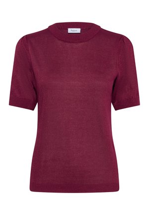 Pull en tricot court et sans manches couleur bordeaux, avec un col rond et des bords côtelés, présentant une finition texturée et un léger éclat pour des détails supplémentaires.