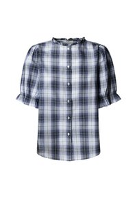 Camisa a cuadros azul y blanca con mangas cortas abullonadas, cuello redondo y botones al frente. Tela suave con una textura ligeramente translúcida.