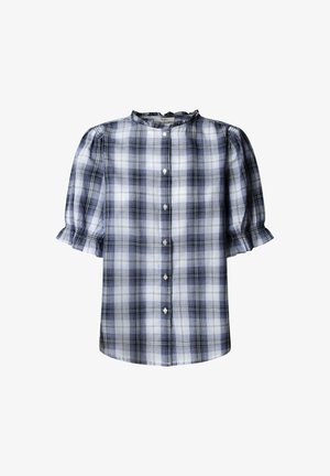 Camisa a cuadros azul y blanca con mangas cortas abullonadas, cuello redondo y botones al frente. Tela suave con una textura ligeramente translúcida.