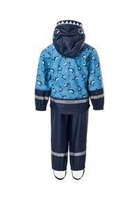 Combinaison de pluie bleue pour enfants avec motif orque, pantalon bleu marine, capuche à motif visage de requin, bandes réfléchissantes sur la veste et le pantalon, et poignets élastiques avec sangles pour les pieds.