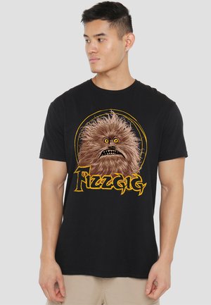 Black cotton t-shirt featuring a colorful graphic of a furry creature with large eyes and an open mouth, accompanied by the text "Fizzgig" in yellow.