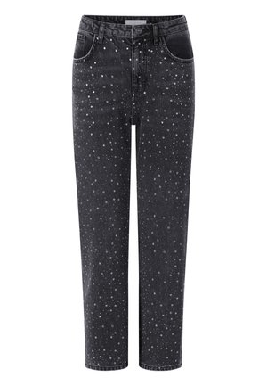 Black denim jeans with a straight leg, featuring a scattered silver studded pattern and five-pocket design. Button closure at the waist.