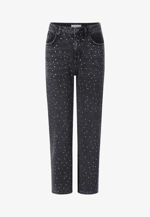 Black denim jeans with a straight leg, featuring a scattered silver studded pattern and five-pocket design. Button closure at the waist.