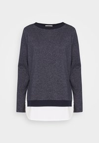 Pullover blu navy con maniche lunghe e scollatura a giro. Presenta un look a strati bianco all'orlo e un tessuto testurizzato.