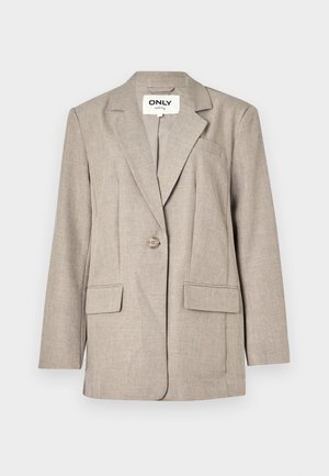 Light brown blazer made of textured fabric, featuring two front pockets, a single button closure, and a notched lapel design.