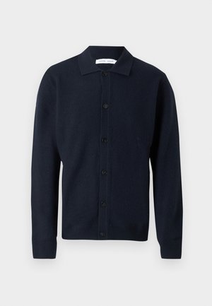 Navy wool sweater with a collared neckline, front button closure, long sleeves, and a smooth texture.