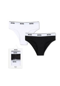 Dve pari bikini spodnjic, ena bela in ena črna, z kontrastnim elastičnim pasom z napisom "BOSS." Embalaža je bela.