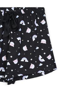 Pantaloni corti neri con un motivo giocoso di arcobaleni, nuvole e cuori in colori pastello, con vita elasticizzata e texture morbida.