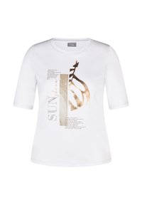 Weißes kurzärmliges T-Shirt mit metallic-goldener und silberner Grafikdruck mit Text, Blätterdesign und geschwungenem Ausschnitt. Weicher Baumwollmix.