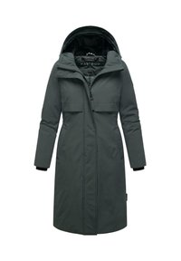Long, dark green parka coat with a hood, zip closure, two front pockets, and elastic cuffs. Smooth exterior with a slightly padded texture.