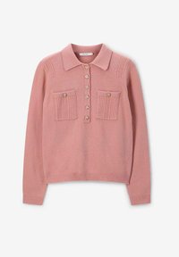 Pull en maille rose clair avec col, deux poches poitrine et fermeture à boutons. Présente des accents côtelés le long des épaules et de l'ourlet.