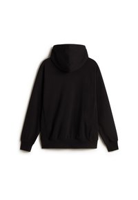 Sort hoodie, bomuldsmateriale, afslappet pasform, har en hætte, ribbede manchetter og kant, glat tekstur, minimalistisk design uden udsmykninger.