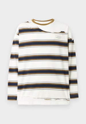 Long-sleeve crew neck shirt with horizontal navy and brown stripes on white background and small chest pocket with label.