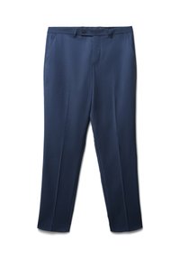 Dunkelblaue maßgeschneiderte Hosen aus strukturiertem Stoff, mit flachem Frontschnitt, Seitentaschen und einem einzigen Knopfverschluss am Bund.