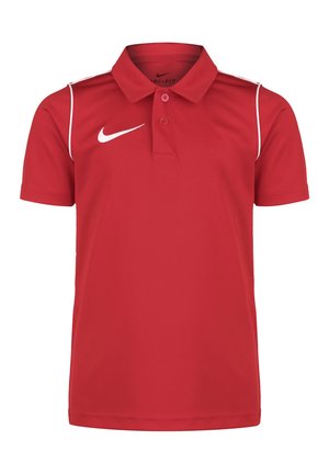 Rotes Nike Polo-Shirt mit Kragen, drei Knöpfen, weißen Akzenten und einem weißen Logo auf der linken Brust. Hergestellt aus feuchtigkeitsableitendem Material.