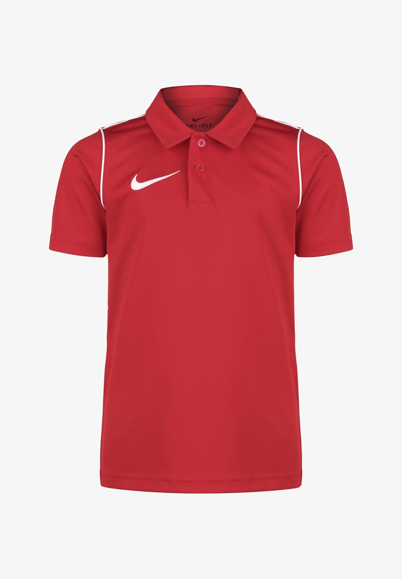 Rode Nike polo shirt met een kraag, drie knopen, witte accentstiksels en een wit logo op de linkerborst. Gemaakt van vochtafvoerende stof.