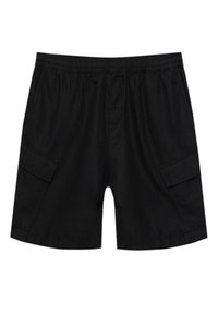 Shorts cargo noirs en tissu léger, avec une ceinture élastique et deux poches latérales à rabat.