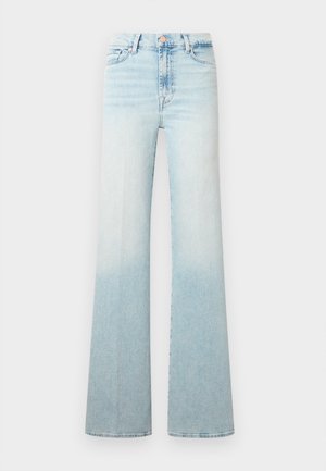 Light blue denim jeans with a flared leg design, featuring a gradual ombre effect and a classic button closure.