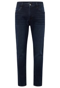 Jean slim bleu foncé avec poches avant, passants de ceinture et fermeture à bouton.