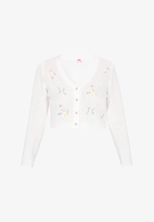 Hvid, kort cardigan med v-hals, lange ærmer og bølgede kanter. Tilføjet flerfarvet blomstermønster og klare knapper.