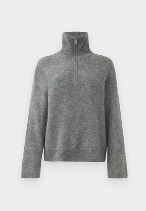 Gray knitted sweater with a high collar and a quarter-zip front. Features ribbed cuffs and hem, presenting a smooth, soft texture.