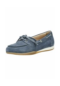 Mocassin en daim bleu avec un lacet noué en forme de nœud, œillets métalliques, doublure intérieure beige, et semelle en caoutchouc marron clair.
