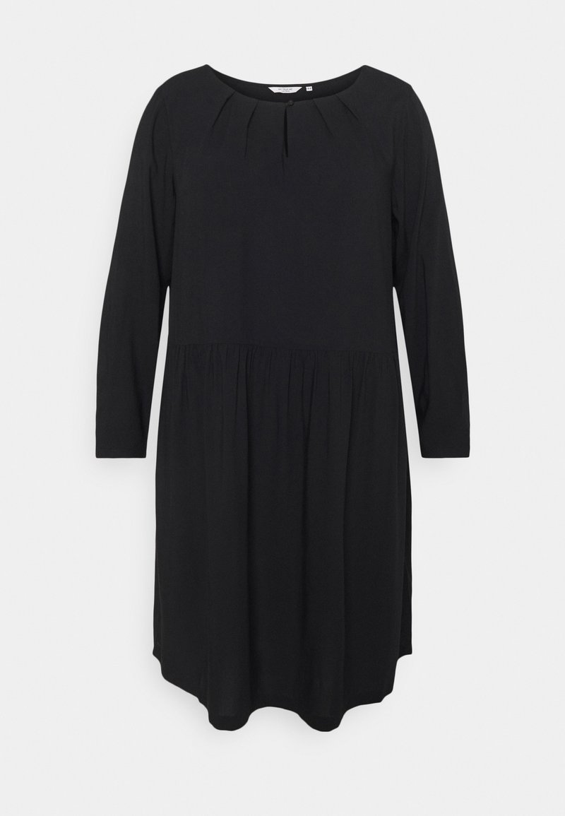 Abito lungo nero a maniche lunghe con scollo rotondo, caratterizzato da un davanti plissettato e una vita morbida e arricciata. Tessuto liscio, design al ginocchio.