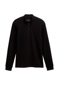 Schwarzer Langarm-Pullover mit Reißverschluss bis zum Viertel, gerippter Struktur und hohem Kragen. Verfügt über enganliegende Bündchen und ein schlichtes, klares Design.