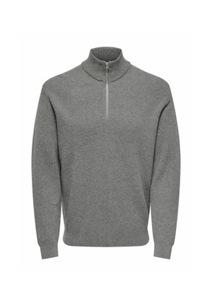 Šedý pulovr na půl zip, s ribovanou texturou, vysokým límcem, dlouhými rukávy a kovovým zipem na krku. Klasický, neformální design.