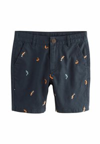 Shorts navy en coton, ornés de figures brodées colorées en orange et turquoise, avec deux poches latérales et une fermeture à boutons.