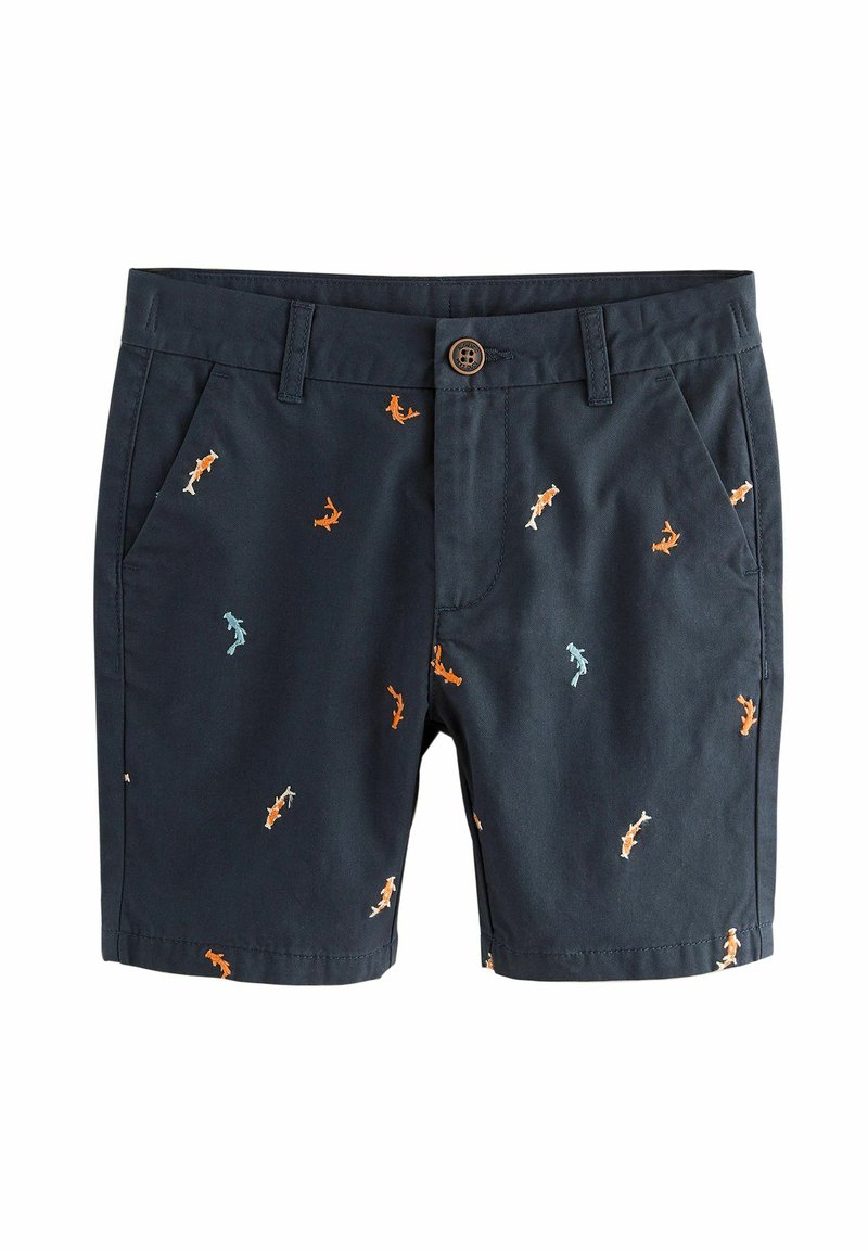 Shorts navy en coton, ornés de figures brodées colorées en orange et turquoise, avec deux poches latérales et une fermeture à boutons.