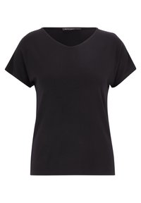 T-shirt nera a maniche corte con scollo a V, realizzata in un tessuto morbido con una superficie liscia e una vestibilità comoda. Senza motivi o dettagli visibili.