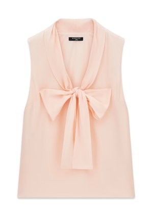 Blusa senza maniche rosa pallido con fiocco frontale e una piccola etichetta nera sul colletto con la scritta "Marciano Guess."